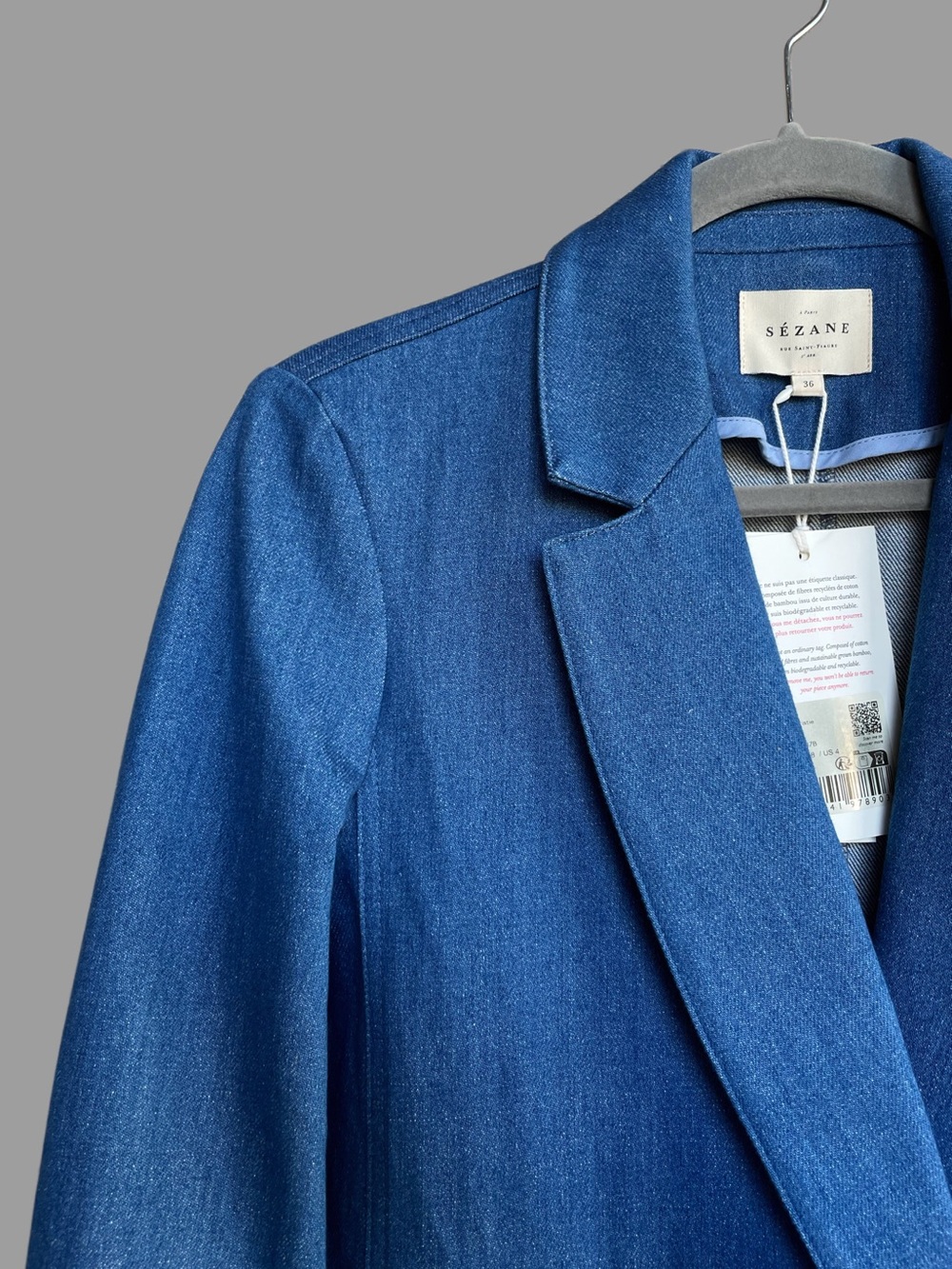 SEZANE NWT Blue Denim Cotton Double Breasted Lapels Blazer Christie Suit Jacket - Picture 5 of 17